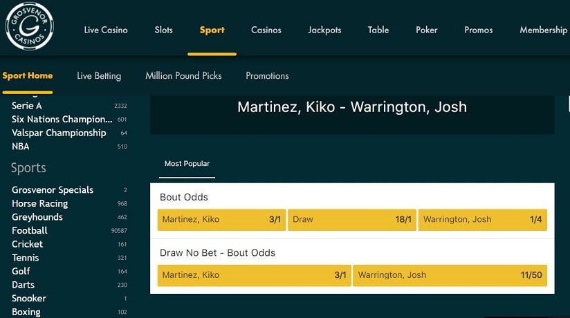 Grosvenor Martinez vs Warrington Betting Odds | Best UK Boxing Betting Sites | Free Bets & Live Betting